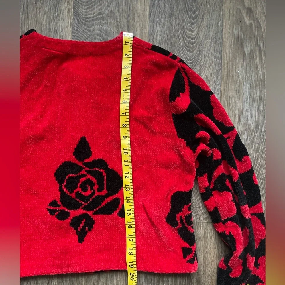 Vintage 90s Michael Simon Red Black Rose Chenille Cardigan L coquette goth - Picture 7 of 7